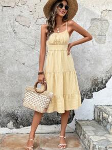 SHEIN VCAY 女式条纹腰部荷叶边下摆休闲吊带连衣裙 - 黃色 - 查看 6