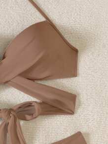 SHEIN Swim Women's Summer Beach Solid Color Halter Tie Front Sexy Bikini 2 Pieces Swimwear Set, Wireless