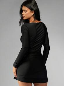 MISSGUIDED Elegant Long Sleeve Mini Dress With Bow Detail Ruched Sides Party Wedding Guest Special Occasion Bodycon Evening Wear - Black - View 2