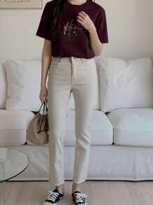 DAZY T-shirt à broderie florale et lettres NO-PAIN NO-GAIN