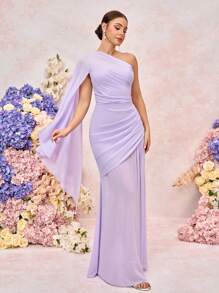 SHEIN Belle 优雅、浪漫、端庄、春夏、紫色、雪纺面料、不对称肩部设计、褶皱、飘逸袖、A字裙摆、半透明、婚礼宾客礼服、度假礼服、伴娘礼服 - 紫色 - 查看 4