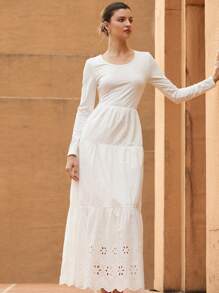 Zanirela Elegant Graceful Holiday Knitting Patchwork Long Sleeve Dress With Floral Embroidery Decoration  Old Money Style For Spring Fall - White - View 5