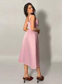 SHEIN Privé 女士浪漫粉色深 V 领腰无袖中长连衣裙、A 字裙、女士粉色连衣裙、情人节连衣裙、夏装、女士派对连衣裙、毕业礼服、性感连衣裙、通勤、优雅、性感、度假、海滩、夏威夷、浪漫、约会、音乐会、表演服装、婚礼季、返校季、情人节、音乐节