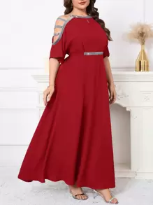 SHEIN Clasi Vestido de talla grande con mangas de mariposa, mangas con destellos, cintura calada y vuelo