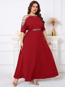 SHEIN Clasi Vestido de talla grande con mangas de mariposa, mangas con destellos, cintura calada y vuelo