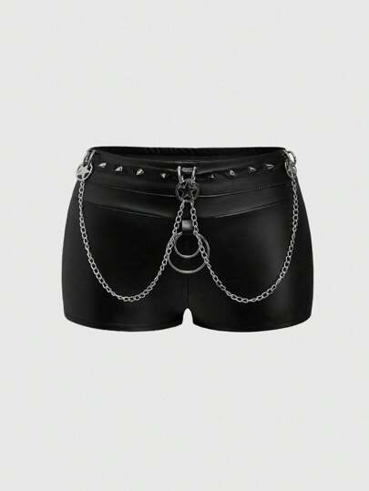 Goth Summer Concert , Punk Gothic Metallic Chain, Pentagon Ring, PU Women's Shorts, Rave Festival Clothes