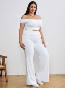SHEIN Tall CURVE Plus Size Solid Color Off Shoulder Cropped Top Flared Pants Two Pieces Set - White - View 4