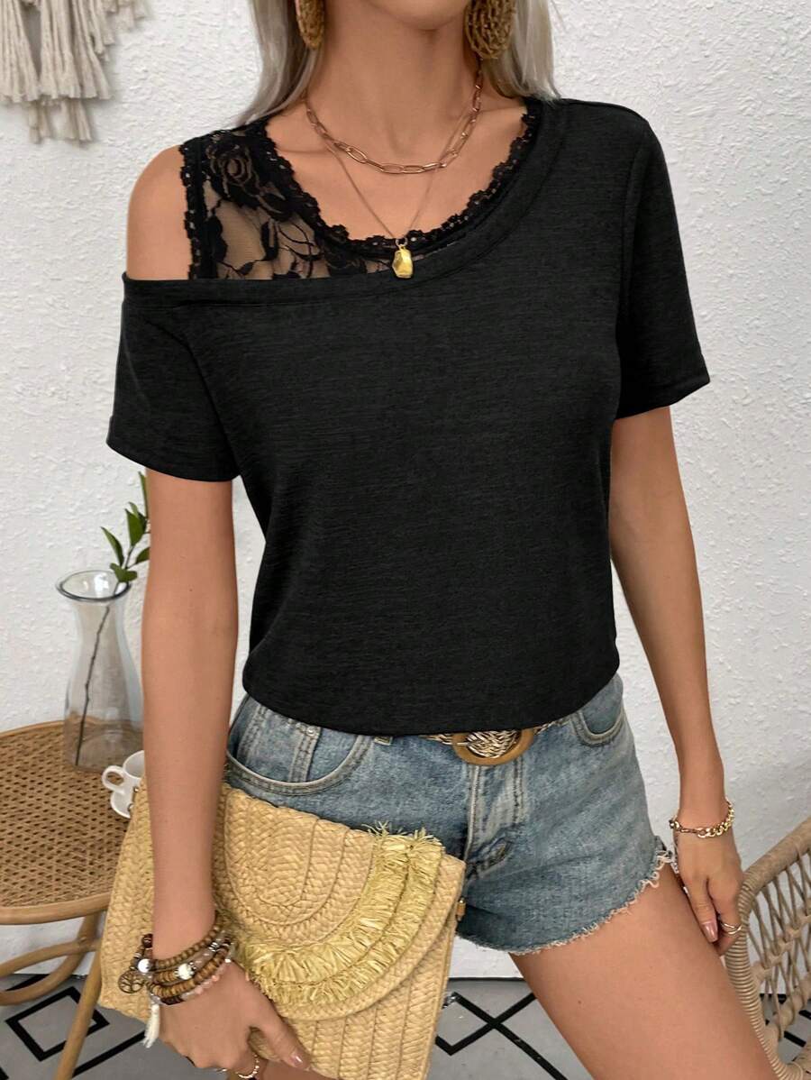 EMERY ROSE Women Solid Color Lace Patchwork Asymmetrical Neckline T-Shirt - Black - View 1