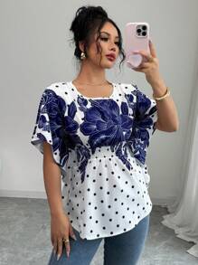SHEIN Unity Women Floral Print Batwing Sleeve Casual Short Sleeve Shirt - Blue - View 1