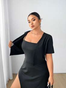 Flirla 2pcs Plus Size Knitted Outfit - Fitted High Slit Cami Dress And Short Sleeve Cardigan, Spring/Summer - Black - View 5