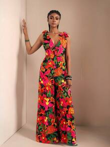 Zivah Mono sin mangas con estampado floral y detalle anudado en los hombros, estilo de vacaciones para mujer