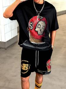 PAVTROS Manfinity Streetrush Men's Youthful Street Style, Featuring A High Street Niche With A Red Human Head Design. This Outfit Includes A Black Short-Sleeve T-Shirt And Shorts Set With Foam Print, Designed In A Relaxed Micro Stand-Up Collar And Slightly Batwing Sleeves. The Outfit Showcases A Black, Red, And Gold Color Contrast Design. It Makes An Excellent Gift Idea For Boyfriends Or Husbands, Embodying Streetwear With A Y2K Vibe ,Men Two Pieces Outfits ,Men Shorts Set Men Graphic Shorts Men Outfits Graphic Men Clothing Men T Shirt Co Ords - Black - View 3