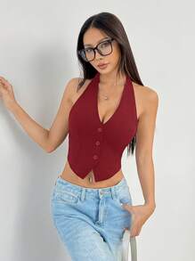 SHEIN PETITE Ladies Solid Color Sleeveless Backless Neck-Hanging Summer Top ,Petite Women - Burgundy - View 6