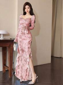 Modelyn Women's Mesh Floral Print Ruffle Hem Slit Hem Elegant Sexy Dress Fall Cloth For Women - Pink - View 5