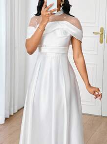 SHEIN Lady Vestido de satén blanco midi, de novia, elegante y para fiestas, con panel cuello perla y malla lentejuelada, apropiado para las cuatro estaciones