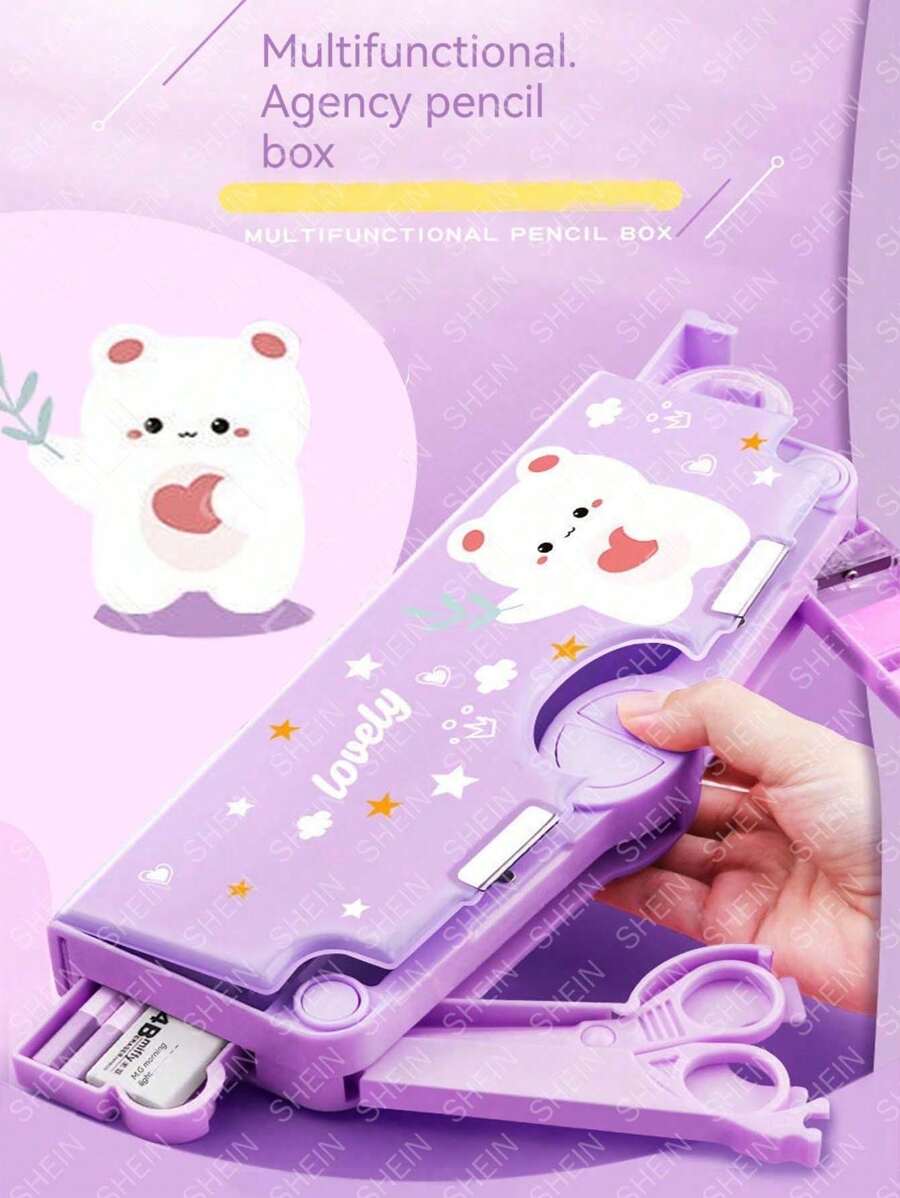 1pc Random Cartoon Multifunctional Stationery Box, Creative Double-Layer Large Capacity Simple Pencil Case, Personalized Pen Case, Suitable For Students, And Back To School - Purple - View 1