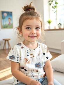 SHEIN Young Girls Fashion Cute Floral All Over Print Short Sleeve Crew Neck T-Shirt - Multicolor - View 1