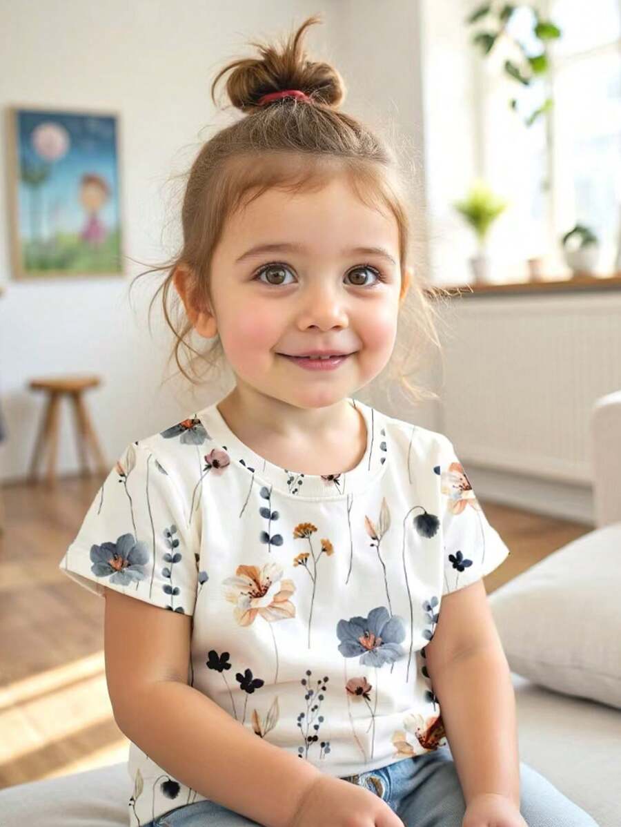 SHEIN Young Girls Fashion Cute Floral All Over Print Short Sleeve Crew Neck T-Shirt - Multicolor - View 1