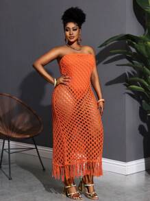 Slaydiva 2025 Novos feriados férias casual minimalista vazado sem mangas macacão - bainha franjada vestido longo de malha versão A - Laranja - Ver 7