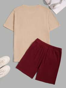 RueChic Men Special Embriodery Soft Fabric Regular T-Shirt Set Short Sleeve - Burgundy - View 2
