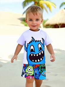 SHEIN 2pcs/Set Baby Boy/Girl Casual Cartoon Monster Print Crew Neck Short Sleeve Top And Elastic Waist Shorts Set, Suitable For Spring/Summer Vacation, Beach, Swim - White - View 7
