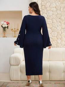 Modelyn Plus Size Solid Color Long Sleeve Dress, Simple & Fashionable, Suitable For Summer - Navy Blue - View 3
