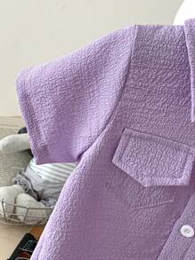 SHEIN Genkimix Kids 2pcs/Set Baby Boy/Girl Purple Collar Short Sleeve Shirt And Shorts Textured Fabric Outfit, Suitable For Baby To Wear In Summer For Playing, Vacation, Picnic, Easy To Put On And Take Off Toddler Summer Clothes Toddler Summer Boy Clothes