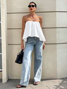 Siren Gaze 2025 年女士夏季上衣：极简主义白色内衬抹胸，搭配不对称高低下摆和 A 字形轮廓，休闲时尚夏季服装 - 白色 - 查看 5