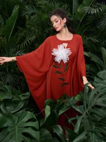 Al Najma 优雅 3D 花朵女士土耳其和阿拉伯传统长裙，春夏 - 橘色 - 查看 3