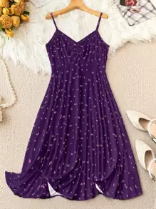 SHEIN LUNE Vestido morado de tiras finas con estampado floral diminuto y casual, talla grande - Multicolor - Ver 1