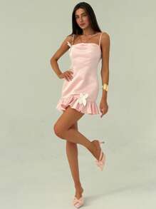 Aloruh Romantic Date Shallow Pink Spaghetti Strap Wrap Draped Neck 3D Floral Ruffle Women Mini Dress - Baby Pink - View 5