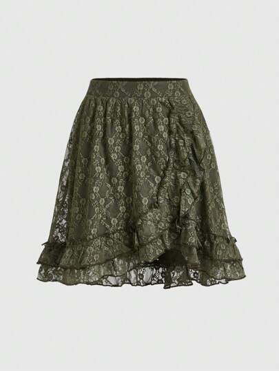 Fairycore Casual Solid Color Ruffled Asymmetrical Hem Lace Skirt
