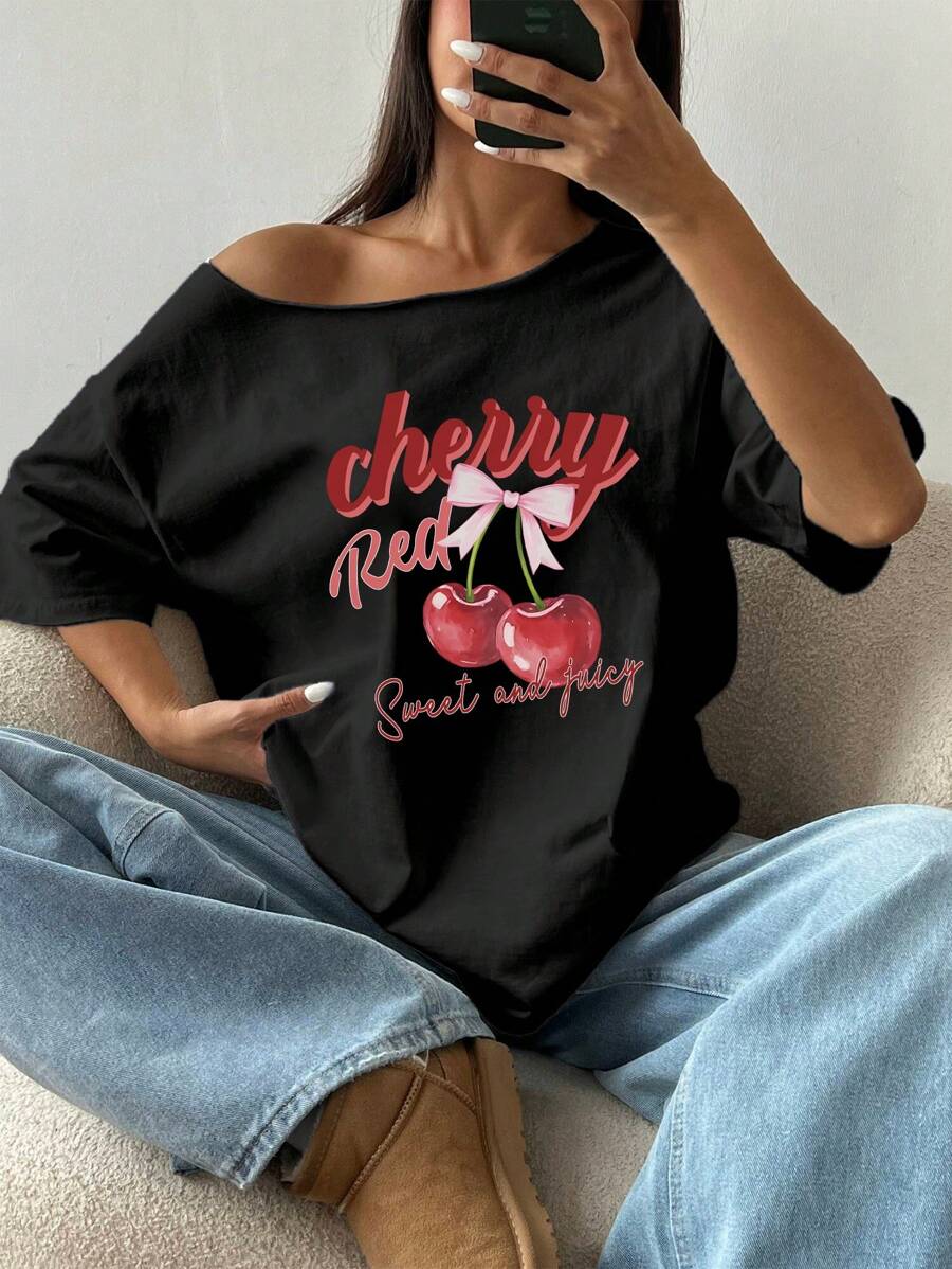 Flirla Women Loose Bowknot Asymmetrical Neck T-Shirt, Oversized Cherry Pink Y2K Style - Black - View 1