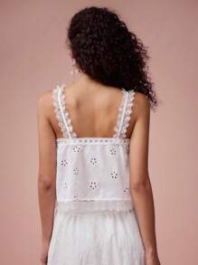 Enchnt Parte superior de tiras/camiseta sin mangas de mujer romántica de primavera/verano con encaje, parches y bordados, dulce y elegante para el Día de San Valentín, vacaciones, citas, uso diario y estilo bohemio - Blanco - Ver 7