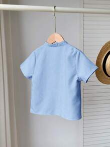 SHEIN LMoss Kids 1 件装年轻男孩休闲韩版立领半扣宽松短袖编织衬衫 - 藍色 - 查看 2