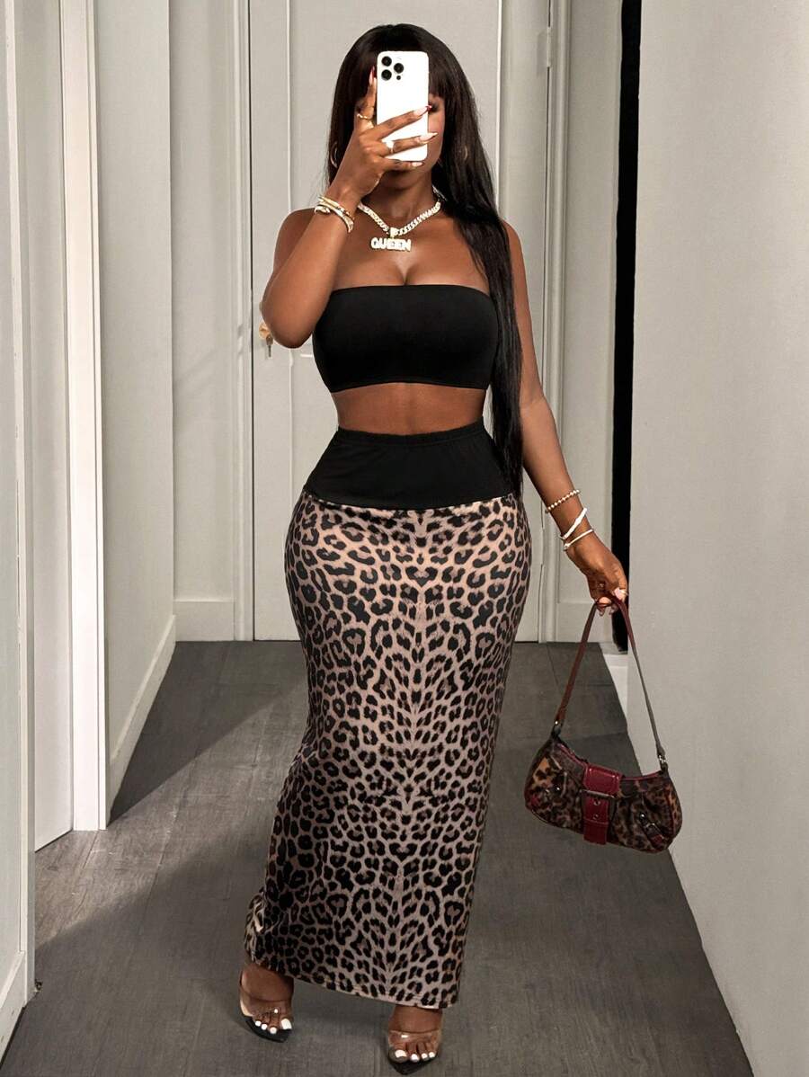 BamGleam 女式性感豹纹拼布短款上衣和半身裙两件套