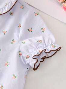 年轻女孩花卉图案翻领纽扣衬衫和裤子套装 - 紫色 - 查看 5