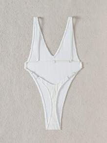 Swim SXY Traje de baño de una pieza de unicolor con textura, escote profundo en V y espalda descubierta para vacaciones en la playa, traje de baño de verano para vacaciones