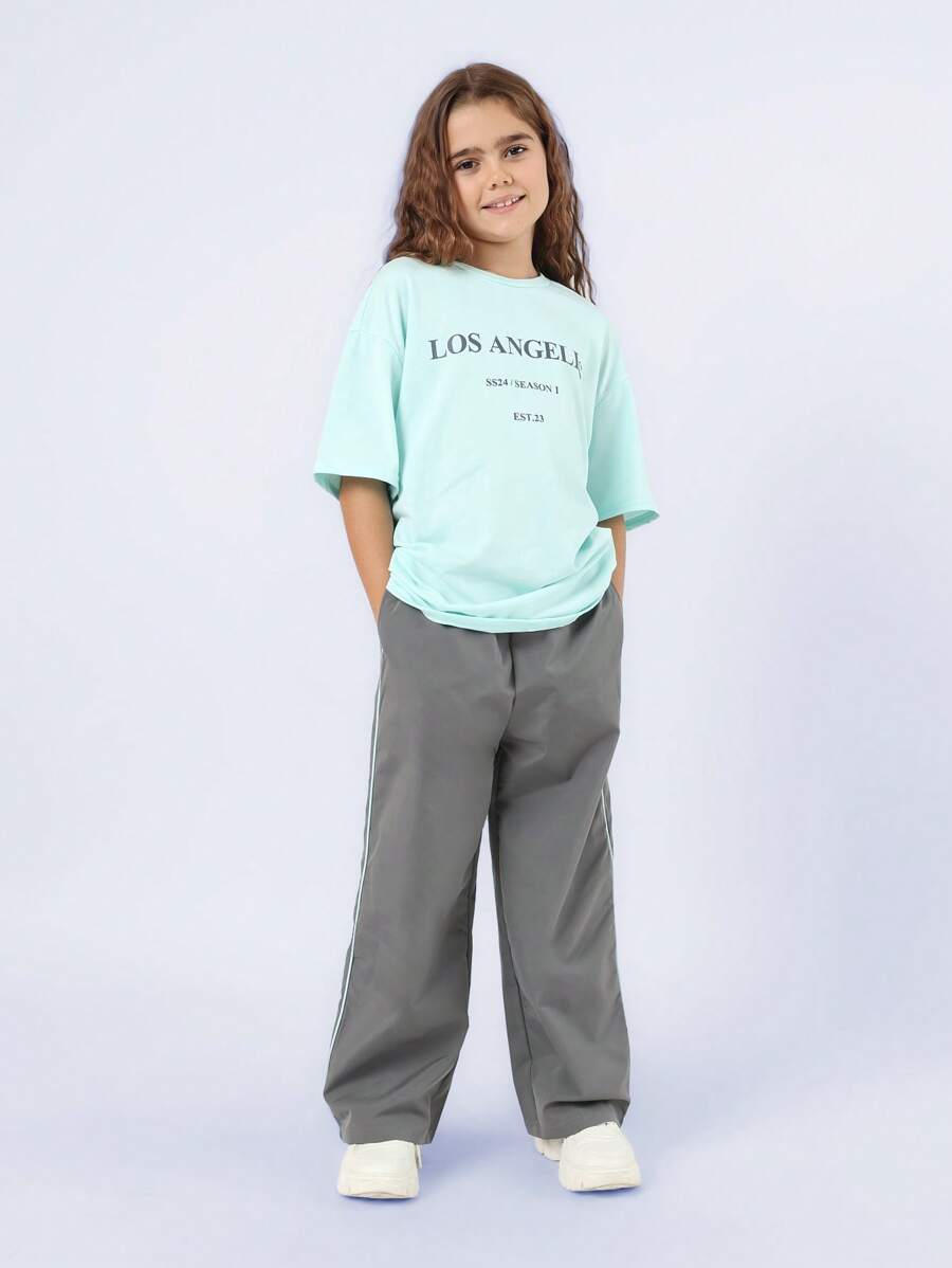 SUMWON Bộ đồ thể thao Los Angeles áo nỉ oversize màu xanh bạc hà, dáng rộng thoải mái, phong cách thể thao thường ngày cho trẻ em, quần jogger streetwear, mặc mùa xuân thu - màu xanh lá - Xem 1