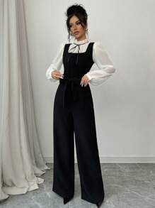 Elenzga 女式秋季拼色高腰直筒背带裤和衬衫两件套