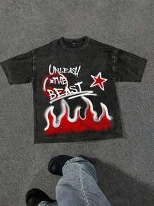 SHEIN Bolty 男童单件装休闲日韩街头风学院风雪洗印花短袖T恤，适合春夏穿着，适合大学、居家、日常、运动、生日派对、户外度假等场合，基础款，百搭简约