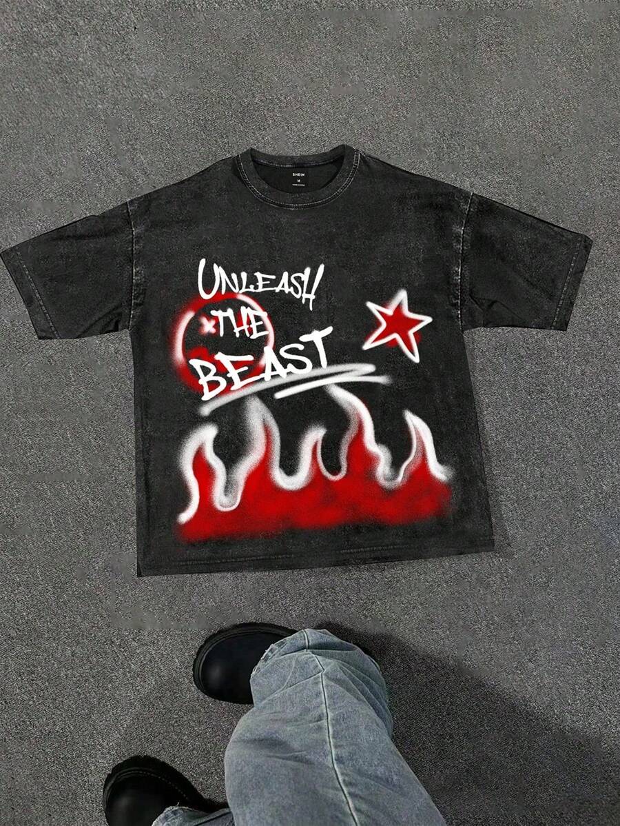 SHEIN Bolty 男童单件装休闲日韩街头风学院风雪洗印花短袖T恤，适合春夏穿着，适合大学、居家、日常、运动、生日派对、户外度假等场合，基础款，百搭简约