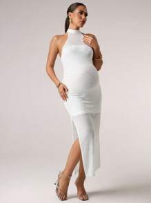 MaterniChic Pregnant Women's Sexy Off-Shoulder Long Sleeve Sequin Tight Party Dress, Spring/Summer - White - View 5
