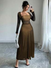 Firerie Sukienka damska z długim rękawem i falbaną w talii, w kolorze czerwonym i czarnym, z kwadratowym dekoltem, odpowiednia na wiosnę, lato, jesień, na co dzień, dojazdy do pracy, wakacje, przyjęcie herbaciane, wesele