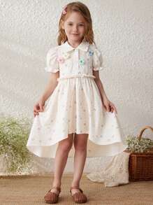 年轻女孩优雅白色泡泡袖衬衫裙，玫瑰花公主裙，新款夏季风格 - 白色 - 查看 7