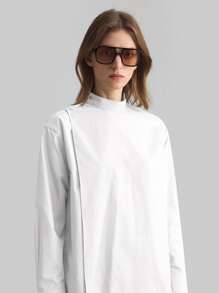 Ontre 2026 Spring/Summer New  White Wrap-Style Solid Color Stand Collar Long Sleeve Minimalist Shirt, Asymmetrical Cut, Casual, Business, Office, Teacher Wear - White - View 5
