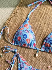 SHEIN 2 Stücke/Set Sommer Urlaubs Zufallsmuster Rippen Textur Dekor Muschelschale Trägertop und Seitenbindung Bikinihose Sexy Bikini Badeanzug Set - Verschiedenfarbig - Übersicht 4