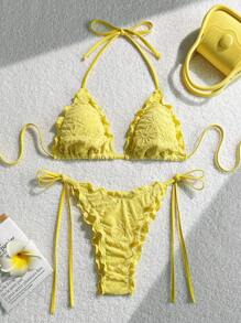 Swim Mod 2 件套夏季假期纯色花卉纹理褶皱吊带上衣和侧系带比基尼下装比基尼套装 - 黃色 - 查看 1