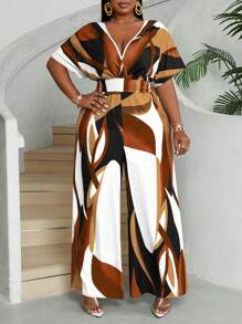 Maweii Plus Size Floral Print Batwing Sleeve Wide Leg Jumpsuit