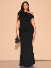 SHEIN BAE 大码女士春夏服装，优雅不对称不对称领口超长鱼尾连衣裙，适合休闲约会、聚会、派对、俱乐部服装、万圣节、情人节、婚礼嘉宾、舞会、生日女士礼服 - 黑色 - 查看 7